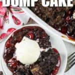 plated Chocolate Cherry Dump Cake with dish full in the back and a title