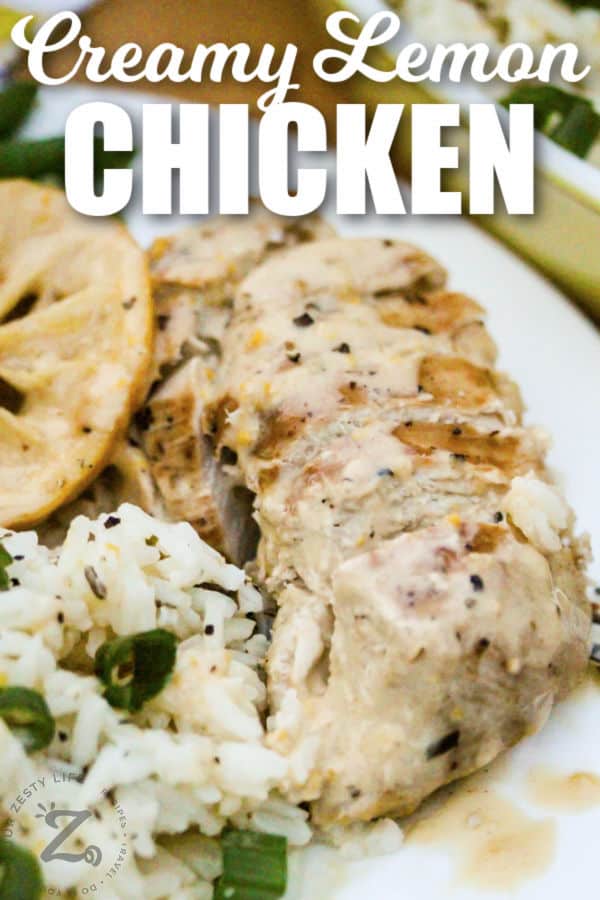 plated Creamy Lemon Chicken with writing