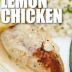 Creamy Lemon Chicken on a plate with writing