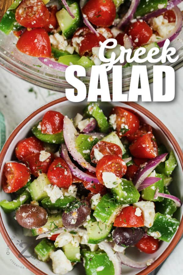 close up of Greek Salad with writing