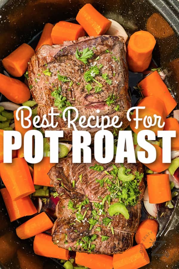 Pot Roast in the pan with a title