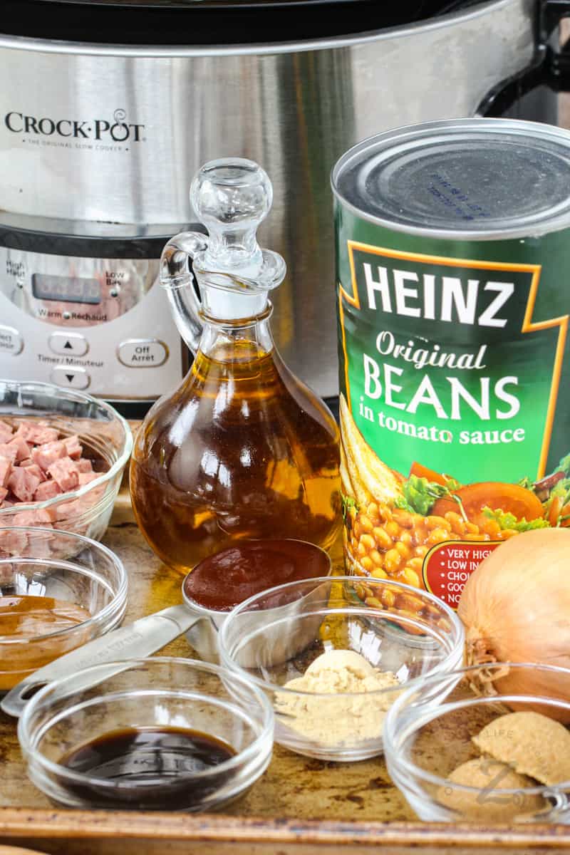 close up of ingredients to make Easy Slow Cooker Baked Beans