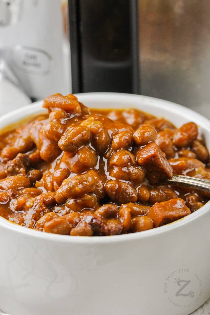 close up of bowl of Easy Slow Cooker Baked Beans
