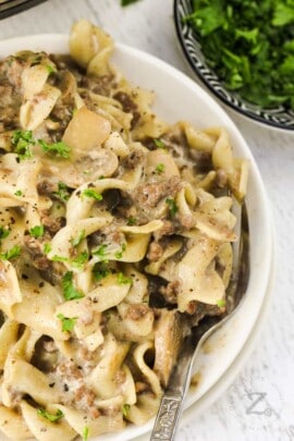 close up of plated Instant Pot Ground Beef Stroganoff with garnish