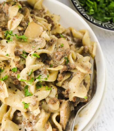 close up of plated Instant Pot Ground Beef Stroganoff with garnish
