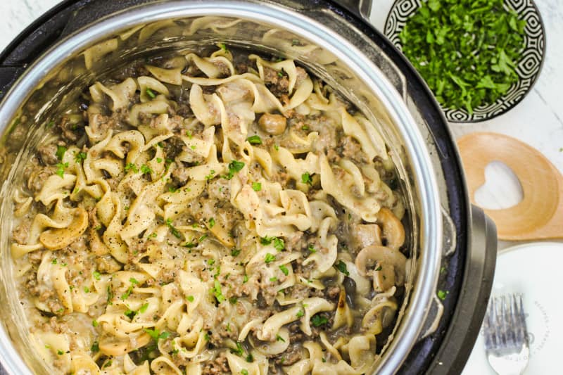 cooked Instant Pot Ground Beef Stroganoff in the instant pot