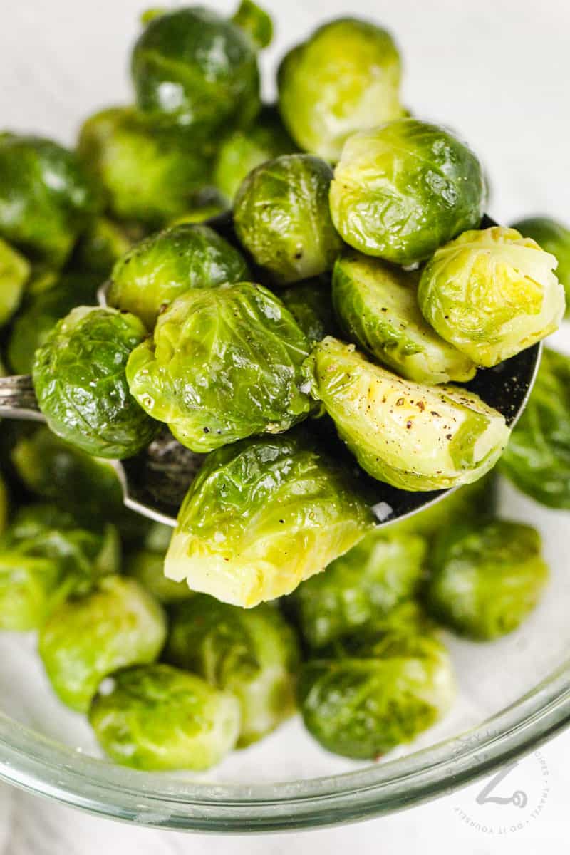 close up of spoon full of Instant Pot Brussels Sprouts