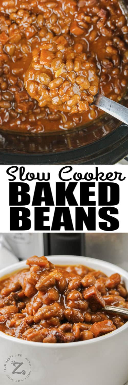 Easy Slow Cooker Baked Beans in the slow cooker and plated with a title