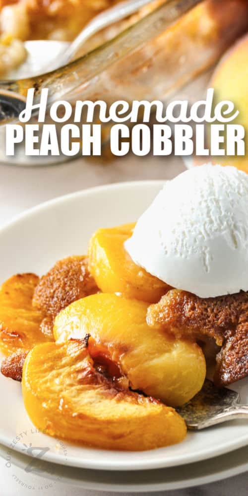 plated Peach Cobbler with a title