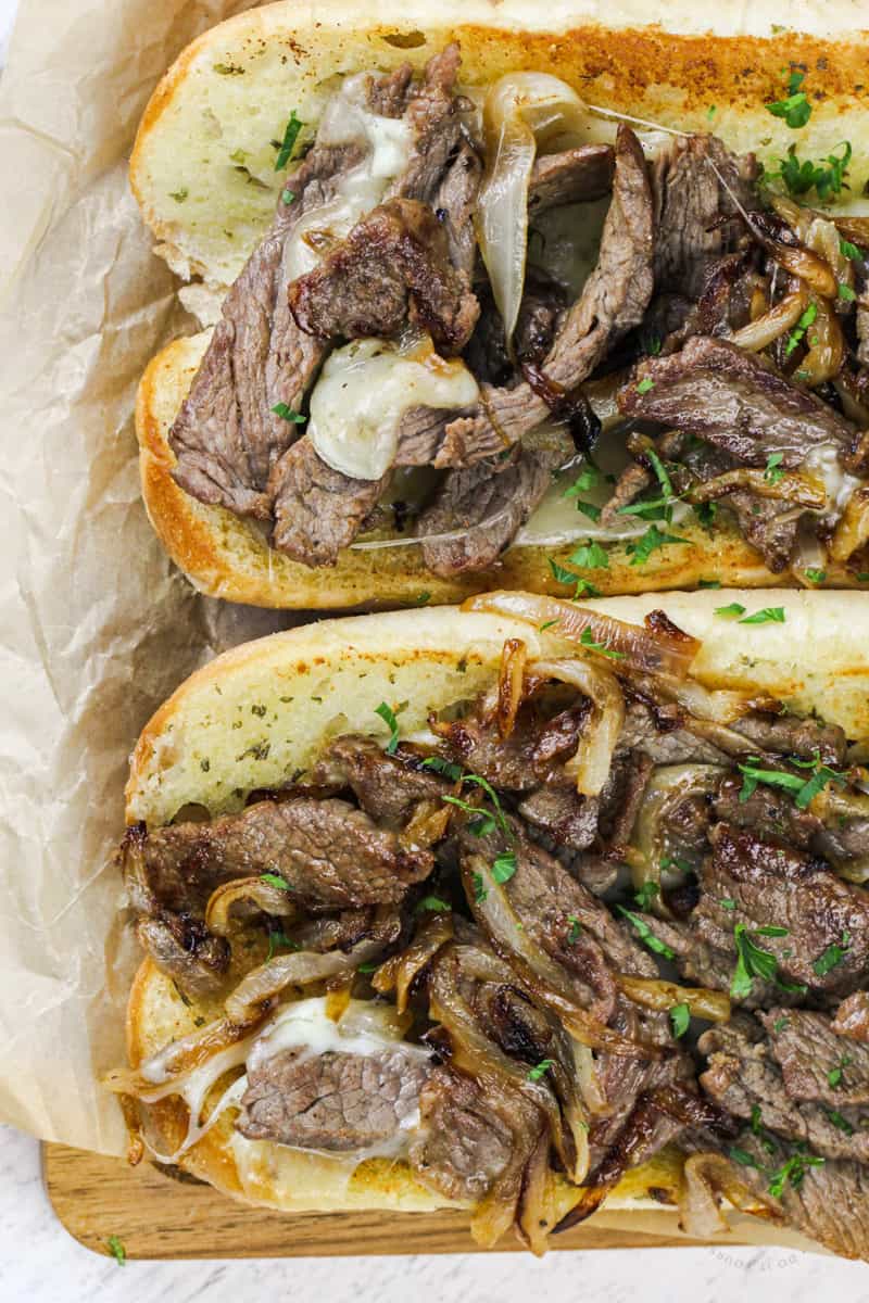 close up of two Philly Cheesesteak Sandwich halves