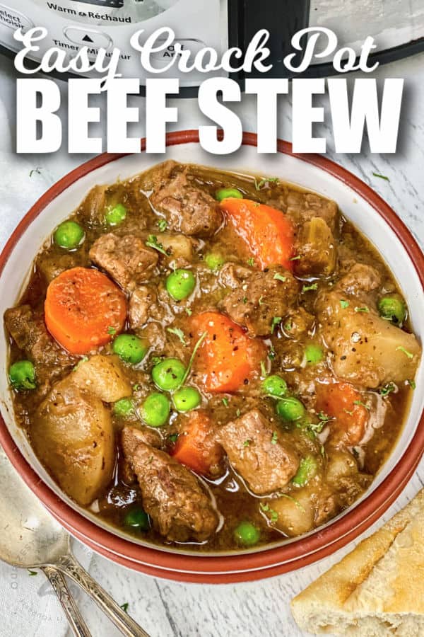 top view of crock pot Beef Stew with a title