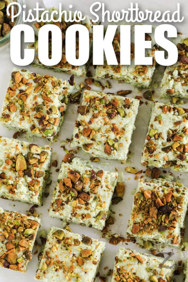 squares of Pistachio Shortbread cookies with a title