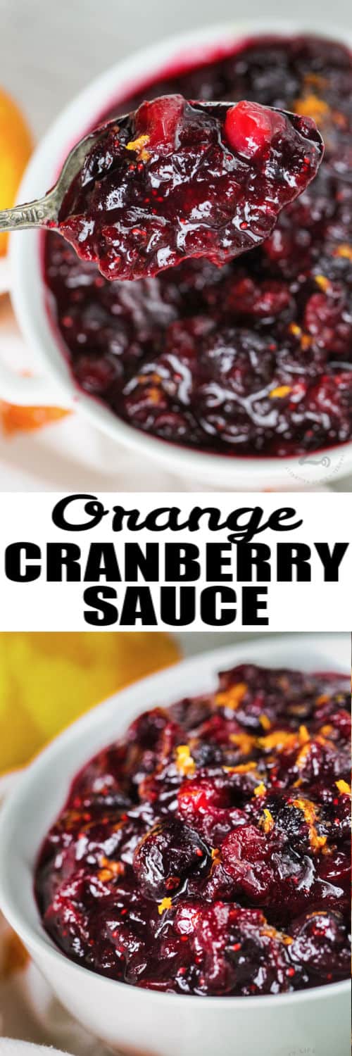 Cranberry Orange Sauce in bowls with a spoon and a title