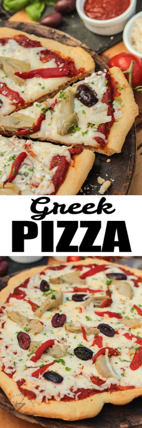 cooked Greek Pizza and cut pizza with a title
