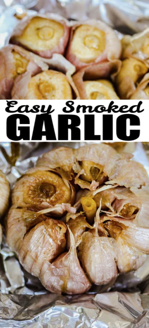 close up of Smoked Garlic with a title