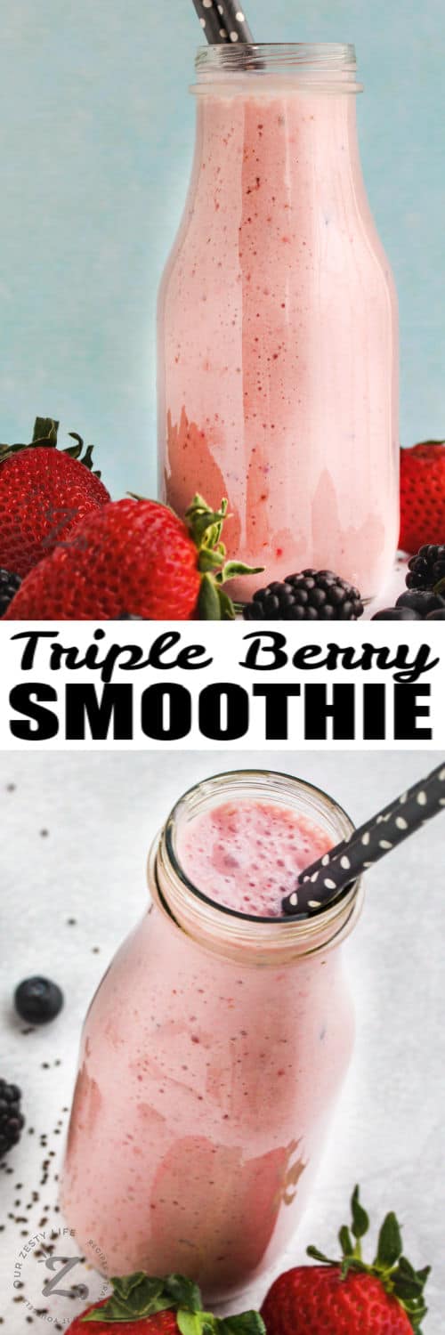 glasses full of Triple Berry Smoothie with a straw and a title