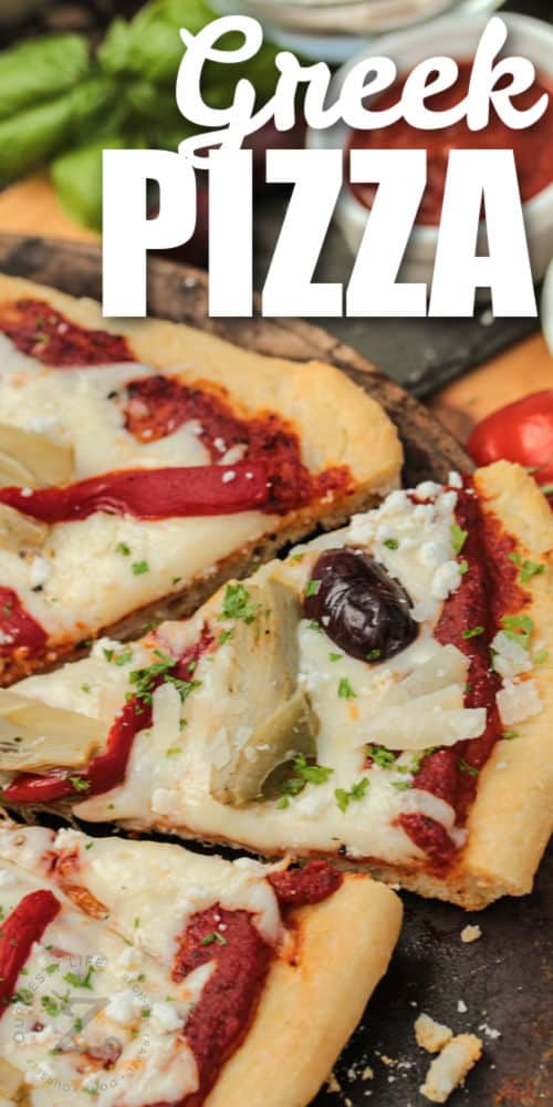 slice of Greek Pizza with a title