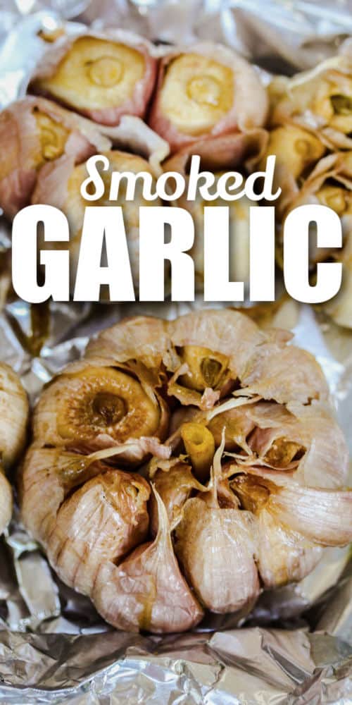 close up of Smoked Garlic with writing