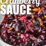 close up of Cranberry Orange Sauce with writing