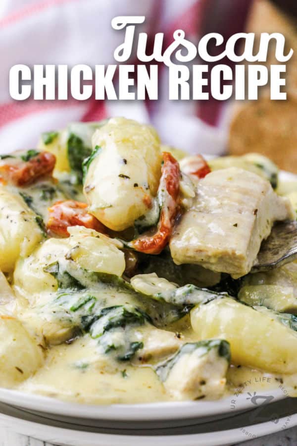 plated Creamy Tuscan Chicken Gnocchi with writing