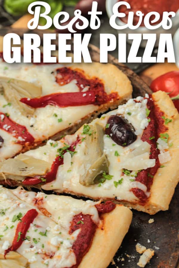 slice of Greek Pizza with writing