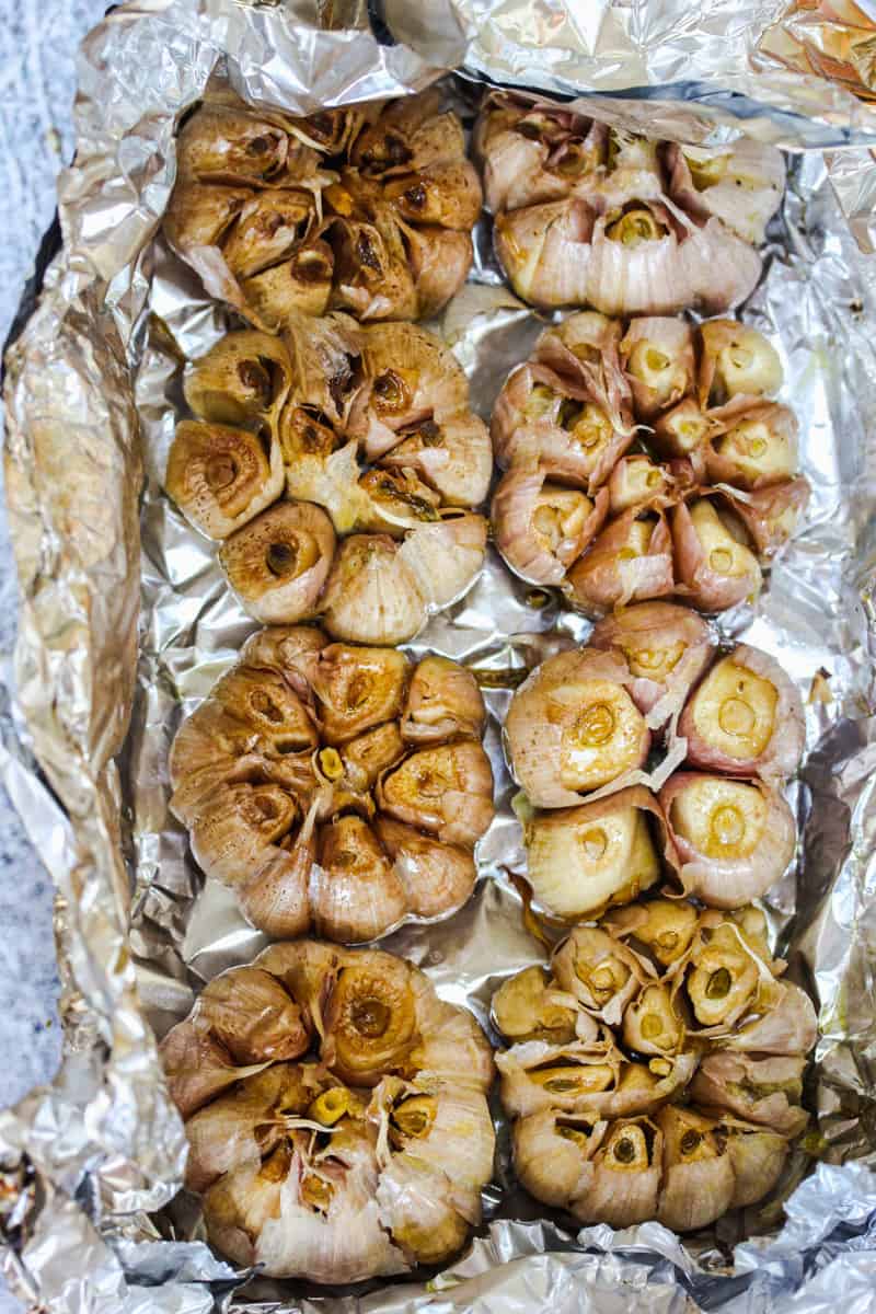 top view of Smoked Garlic in tin foil