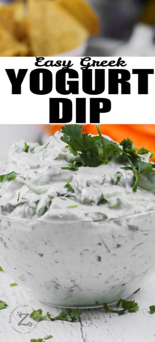 Easy Greek Yogurt Dip in a glass bowl with a title