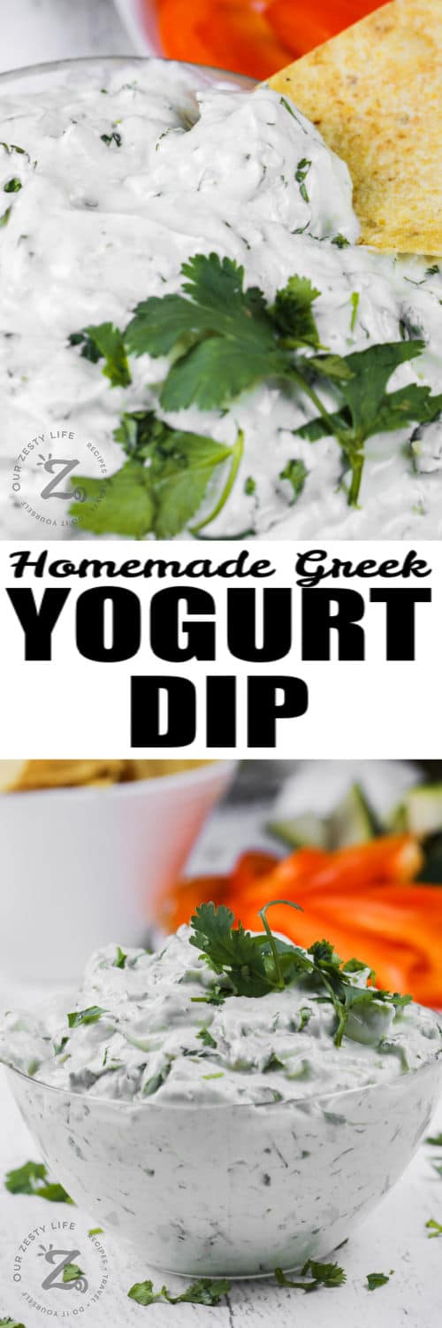 plated Easy Greek Yogurt Dip and close up of dip on a chip with writing