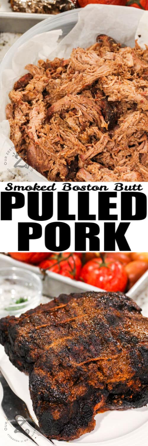 Smoked Boston Butt Recipe plated and shredded with a title