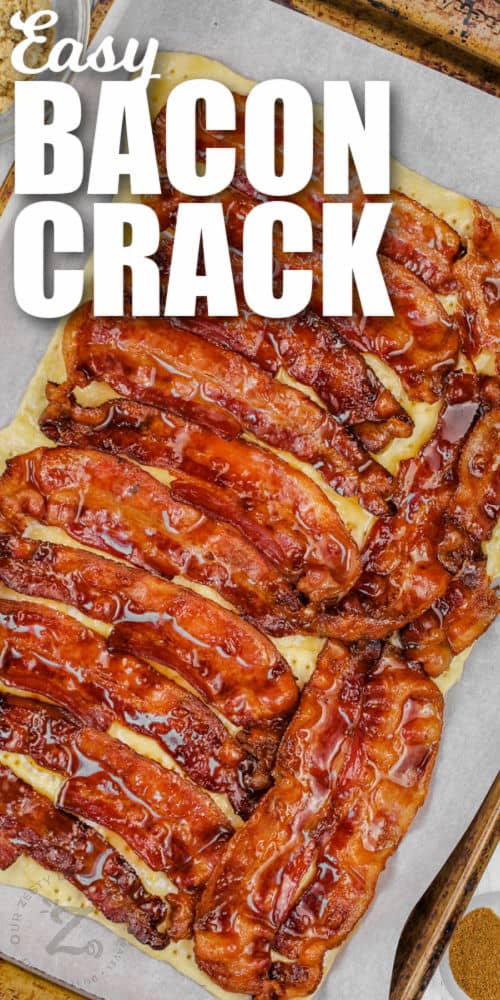 Cooked Bacon sliced laid out on dough for Bacon Crack with a title