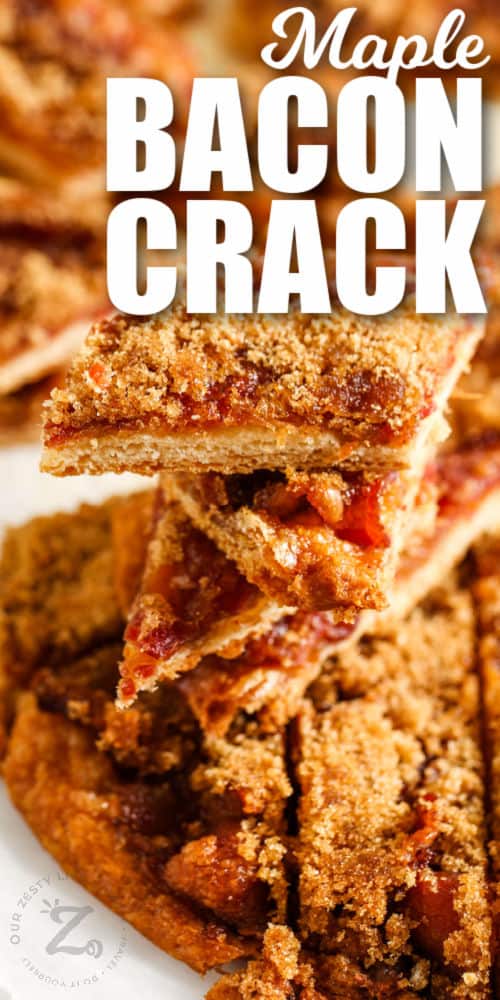 Pieces of Bacon Crack piled on top of each other with a title