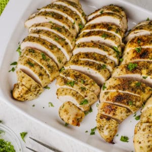 top view of sliced Air Fryer Chicken Breasts on a plate