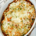 cooked Chicken Parmesan Casserole in the dish