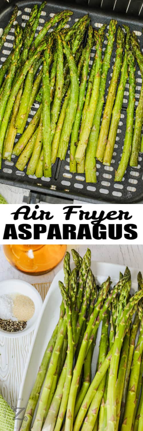 ingredients to make Air Fryer Asparagus with cooked asparagus in the air fryer and a title