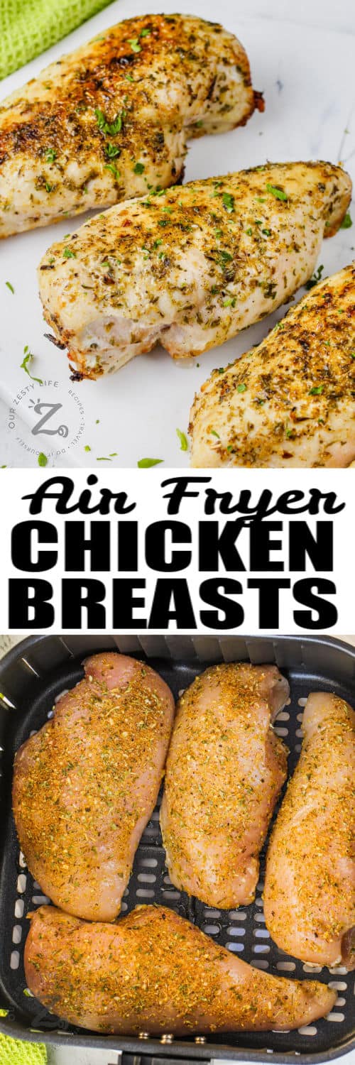 Air Fryer Chicken Breasts in the air fryer and plated with a title