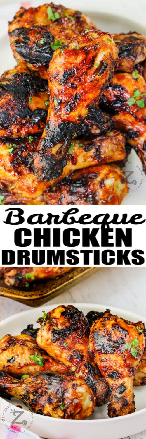 close up and plated BBQ Drumsticks with a title