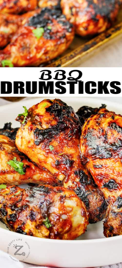 close up of plated BBQ Drumsticks with a title