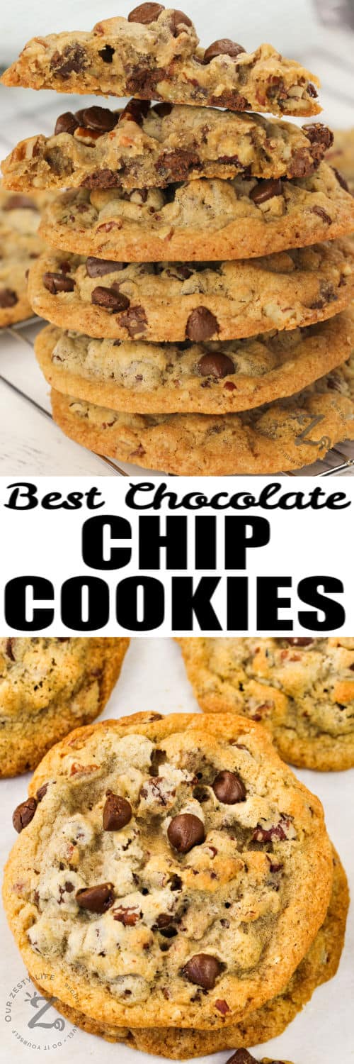 pile of Chewy Chocolate Chip Cookies and close up with a title
