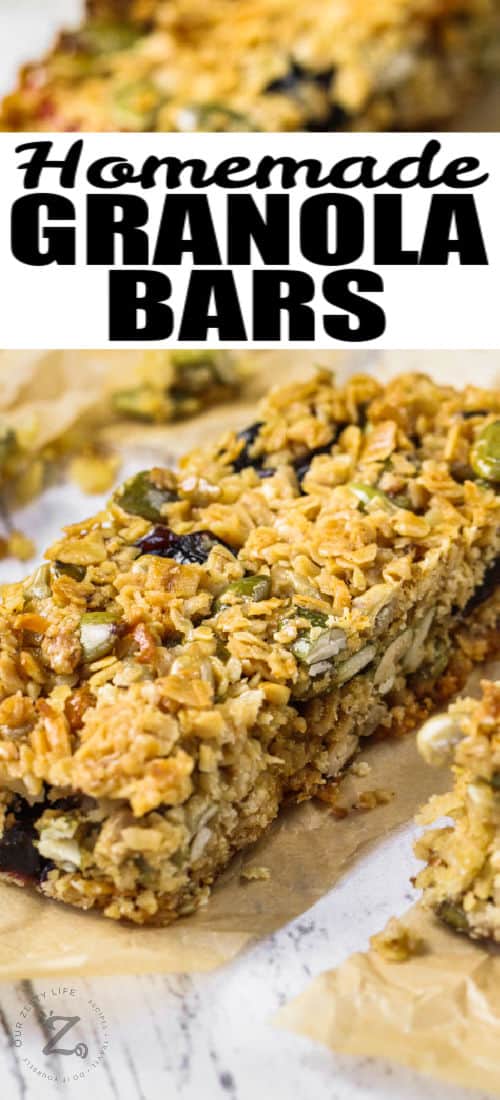 close up of Homemade Granola Bars with Seeds with a title
