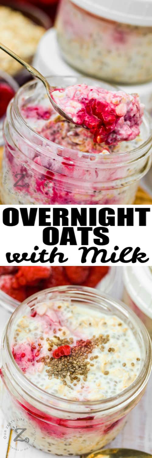 Overnight Oats with Fruit in jars with a spoon full and a title