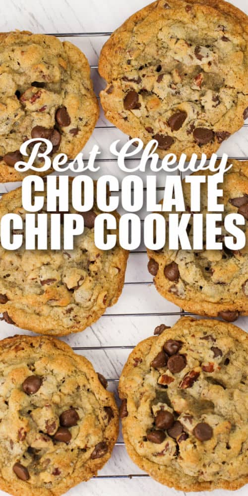 Chewy Chocolate Chip Cookies on a cooling rack with a title