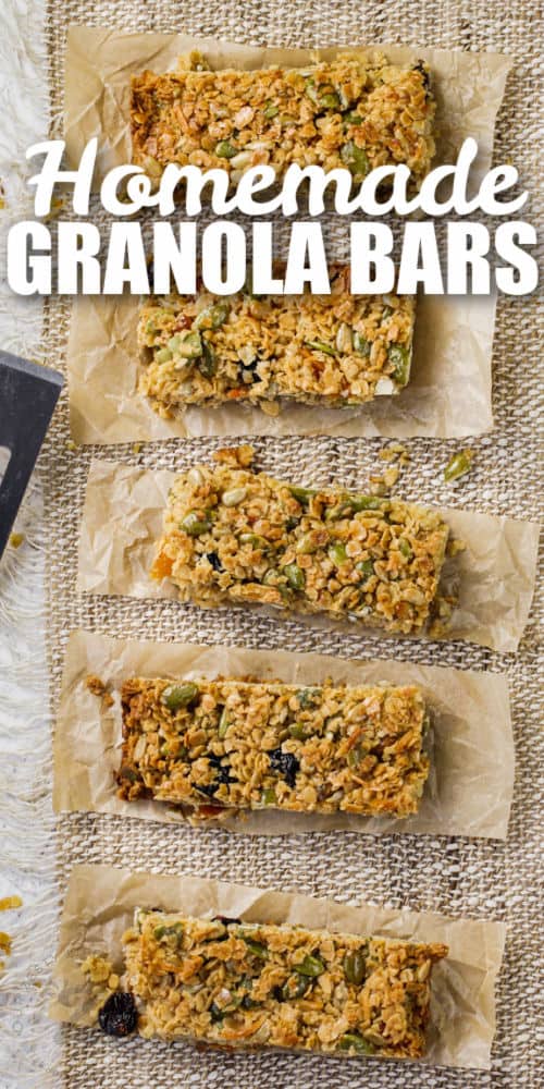 top view of Homemade Granola Bars with Seeds with writing