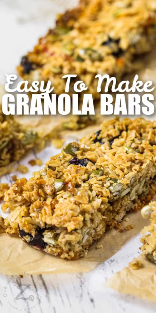 close up of Homemade Granola Bars with Seeds with writing