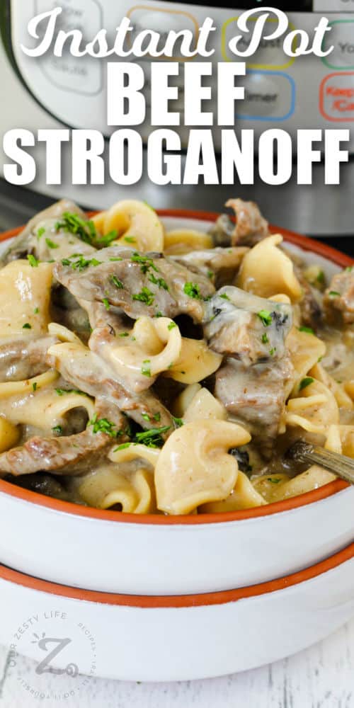 close up of plated Instant Pot Beef Stroganoff with writing