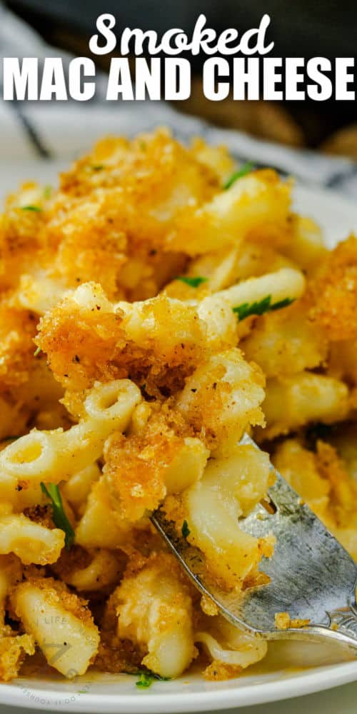 close up of Smoked Macaroni and Cheese with a title