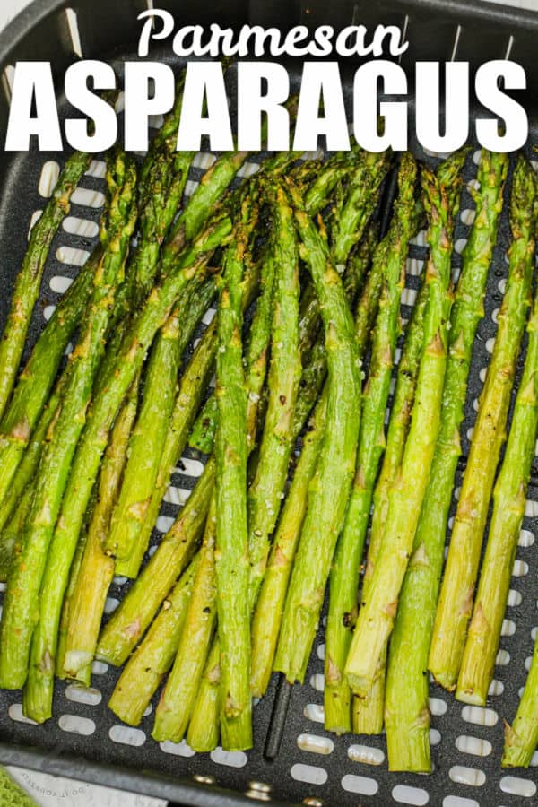 close up of Air Fryer Asparagus with a writing