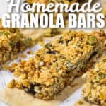close up of Homemade Granola Bars with Seeds with writing