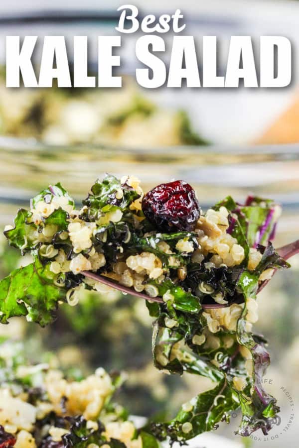 fork full of Kale Salad with writing