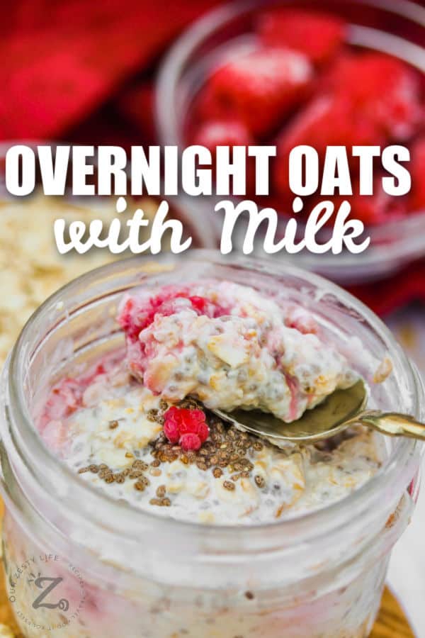 close up of a spoon full of Overnight Oats with Fruit with writing