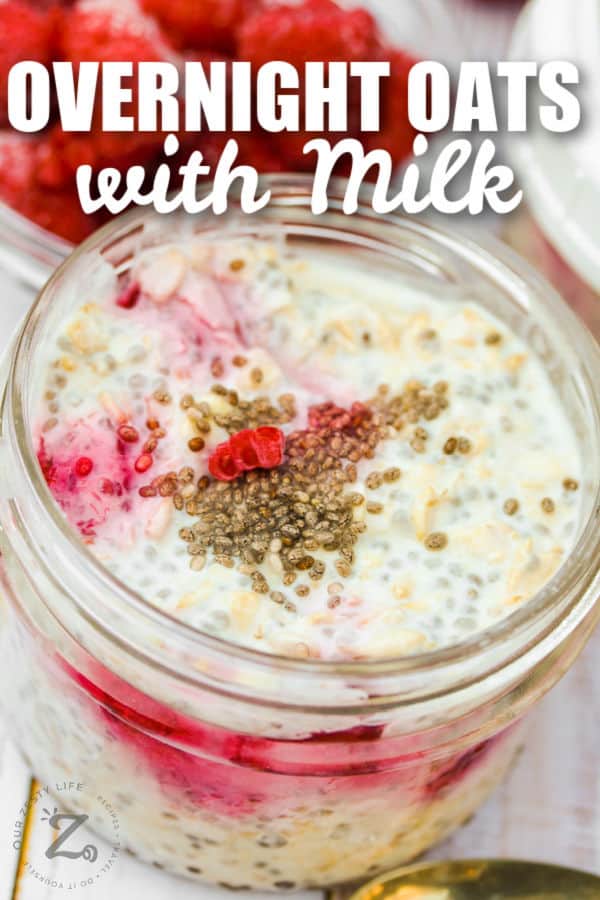 close up of Overnight Oats with Fruit in a jar with a title